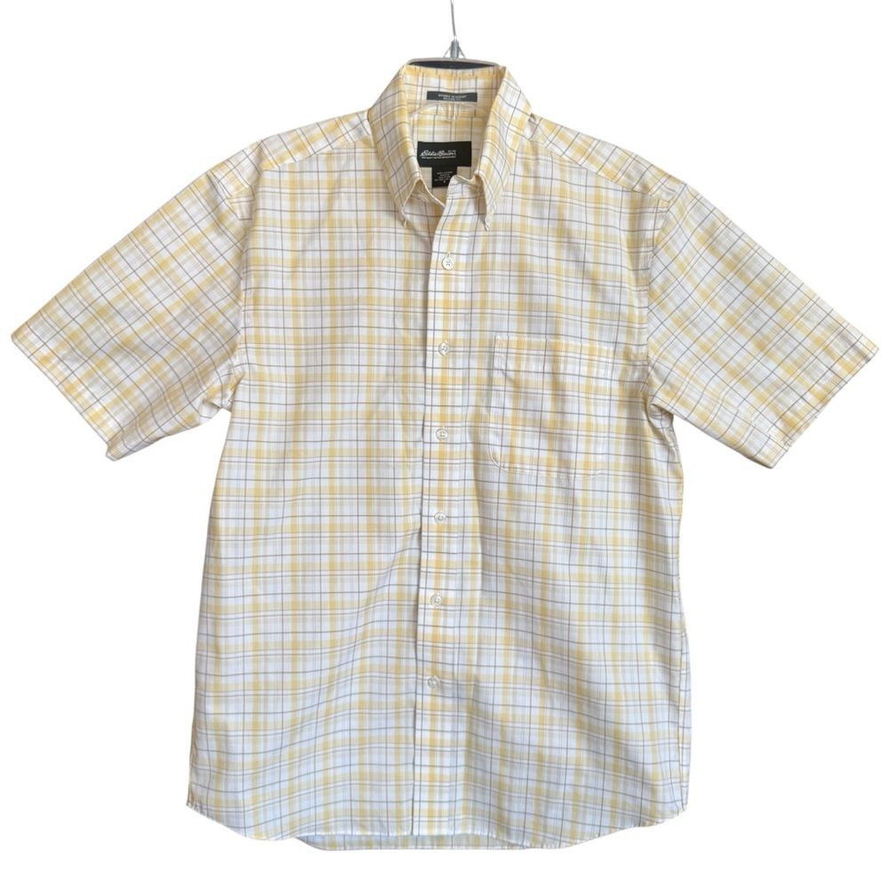 Eddie Bauer Men's 100% Cotton Yellow Checkered Short Sleeve Button Down Shirt- S